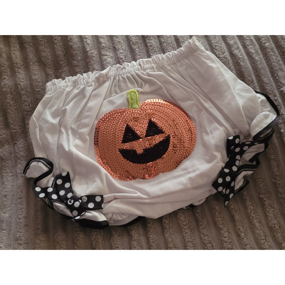 Mud Pie Baby Halloween Pumpkin Sequin Ruffle Diaper Cover Bloomers 12-18M White